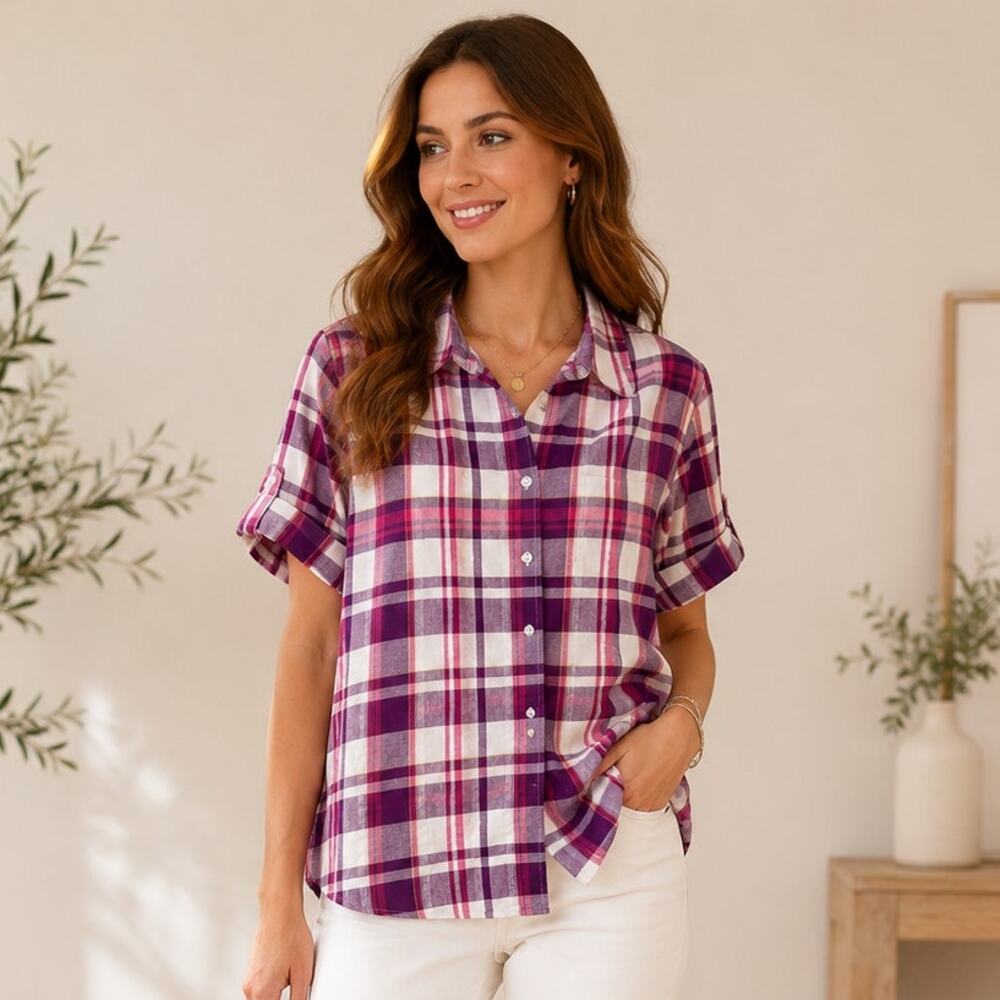 Woman Within Pink and Purple Plaid Short Sleeve Top Size 14/16